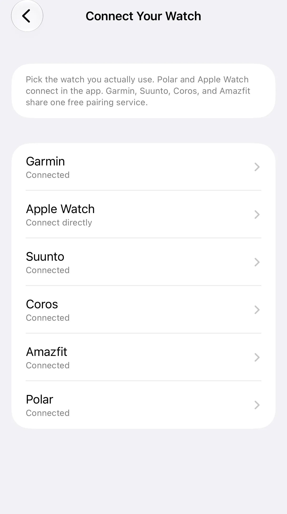 The Connect Your Watch screen in 42Runs, listing Garmin, Apple Watch, Suunto, Coros, Amazfit and Polar