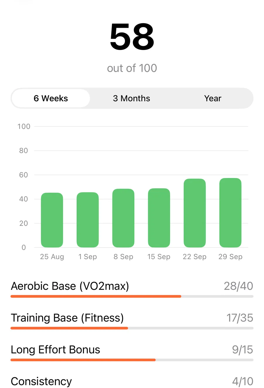 The 42Runs Endurance Score screen: a score of 58 out of 100, a weekly chart, and the four components that make it up