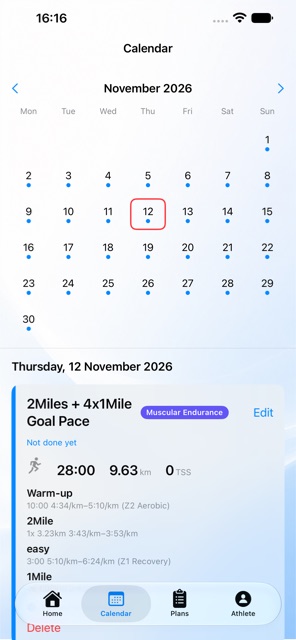 42Runs Calendar view with a scheduled workout