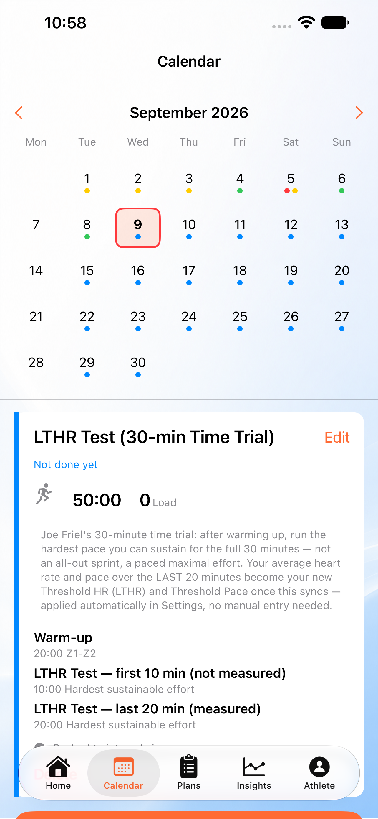 42Runs Calendar view with a scheduled workout