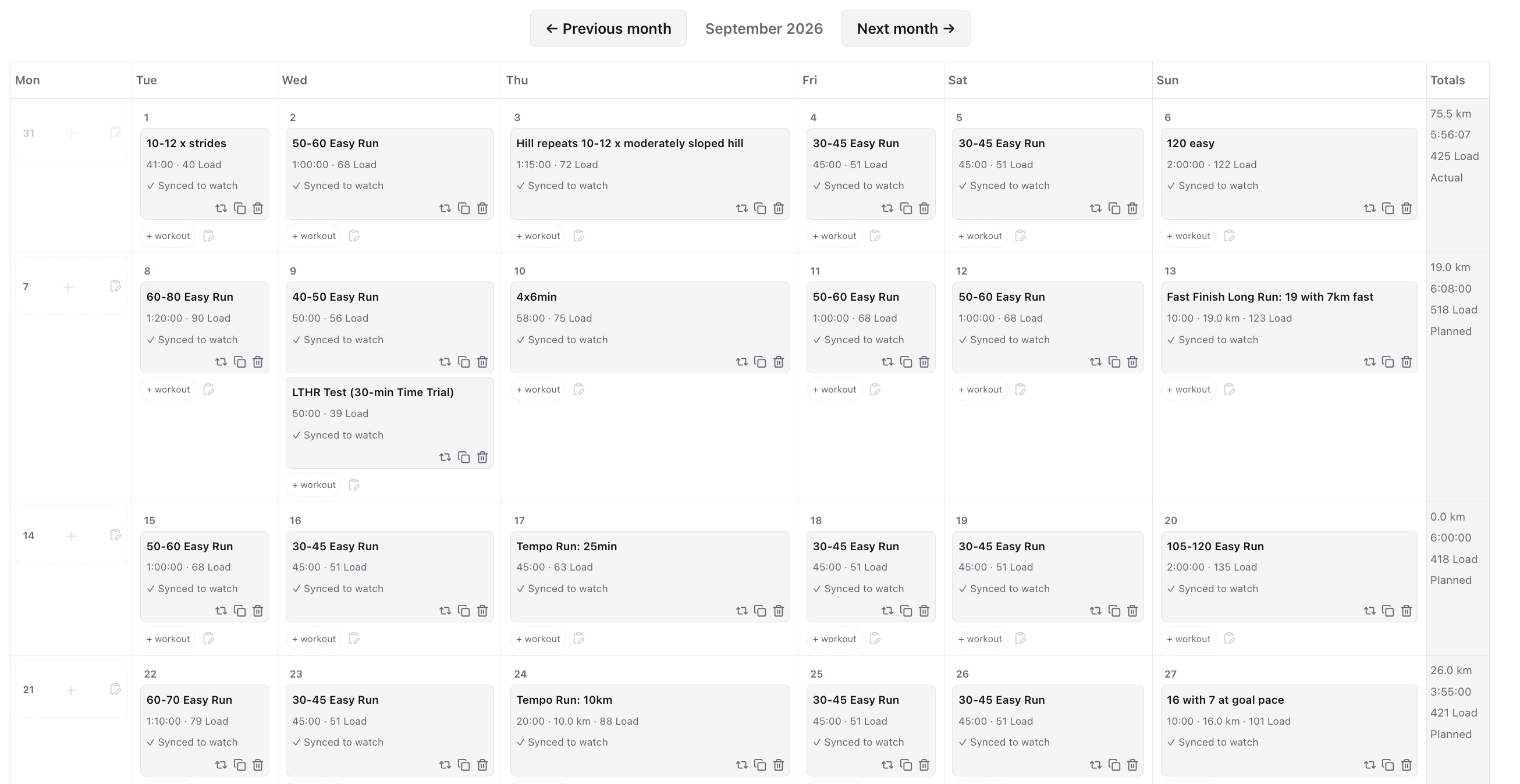 42Runs coach platform's full month calendar, with a weekly totals column and workouts synced to the athlete's watch