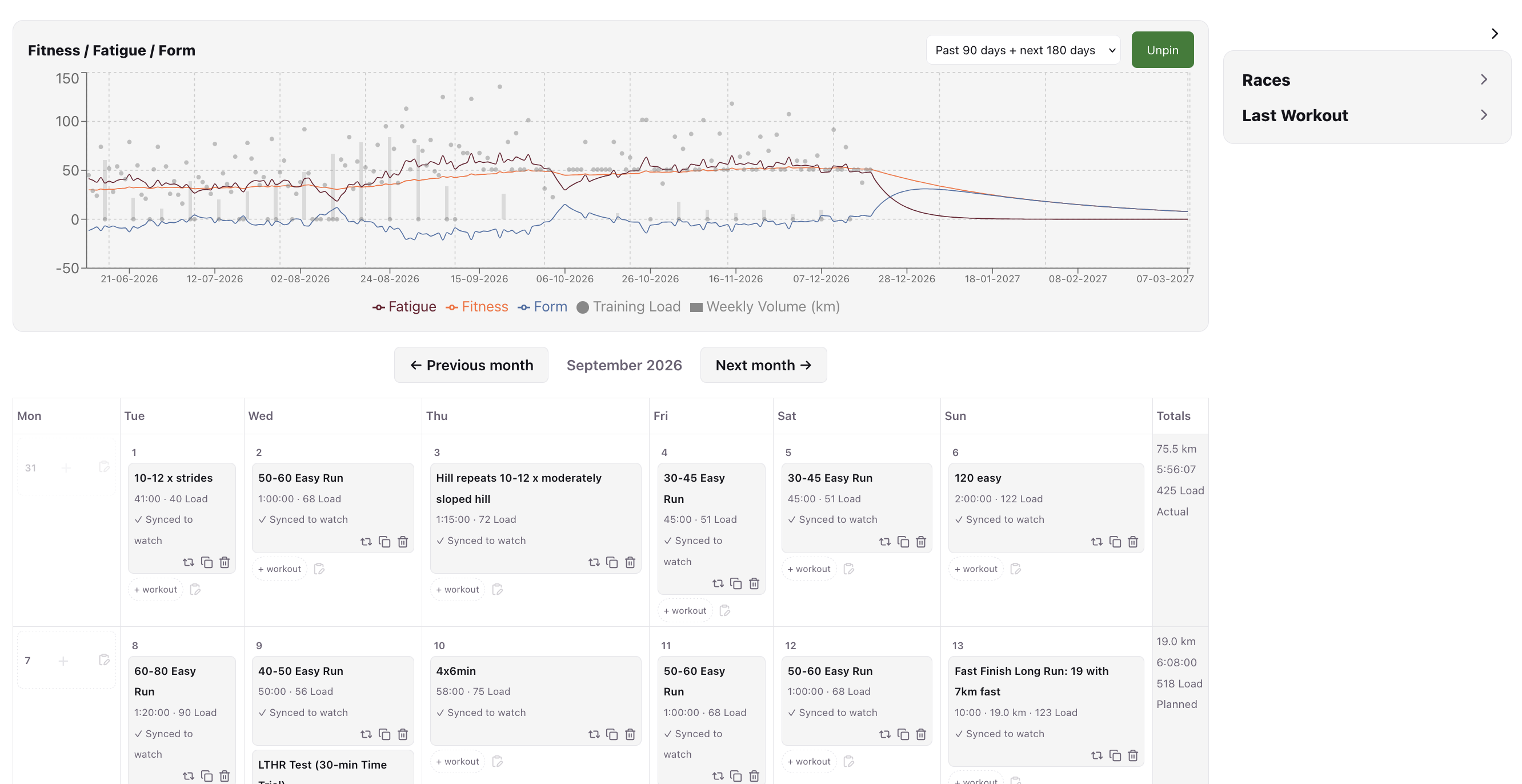 42Runs coach platform showing an athlete's Fitness/Fatigue/Form chart and calendar