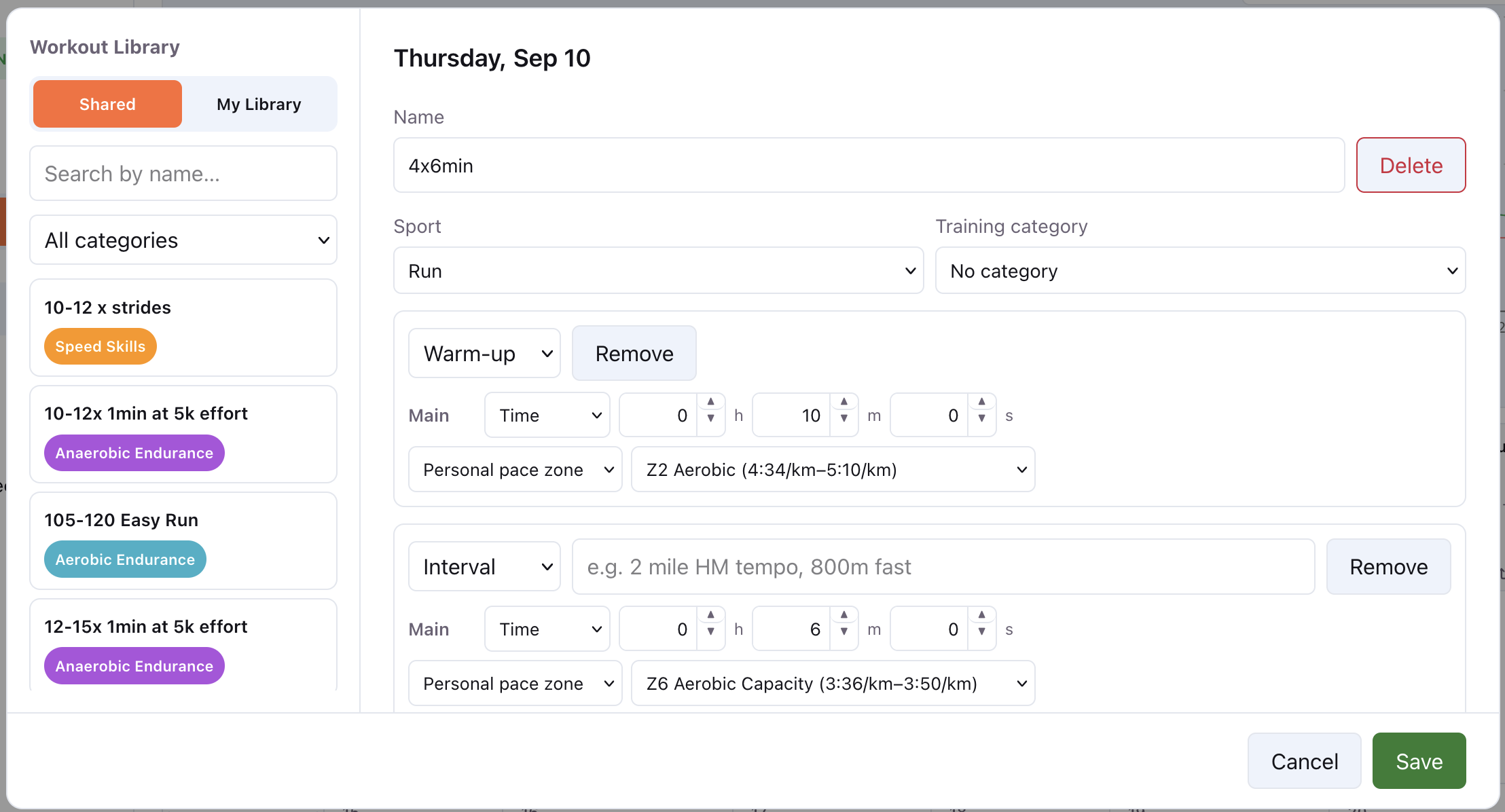 42Runs coach platform's workout library and editor, picking from the shared or personal library