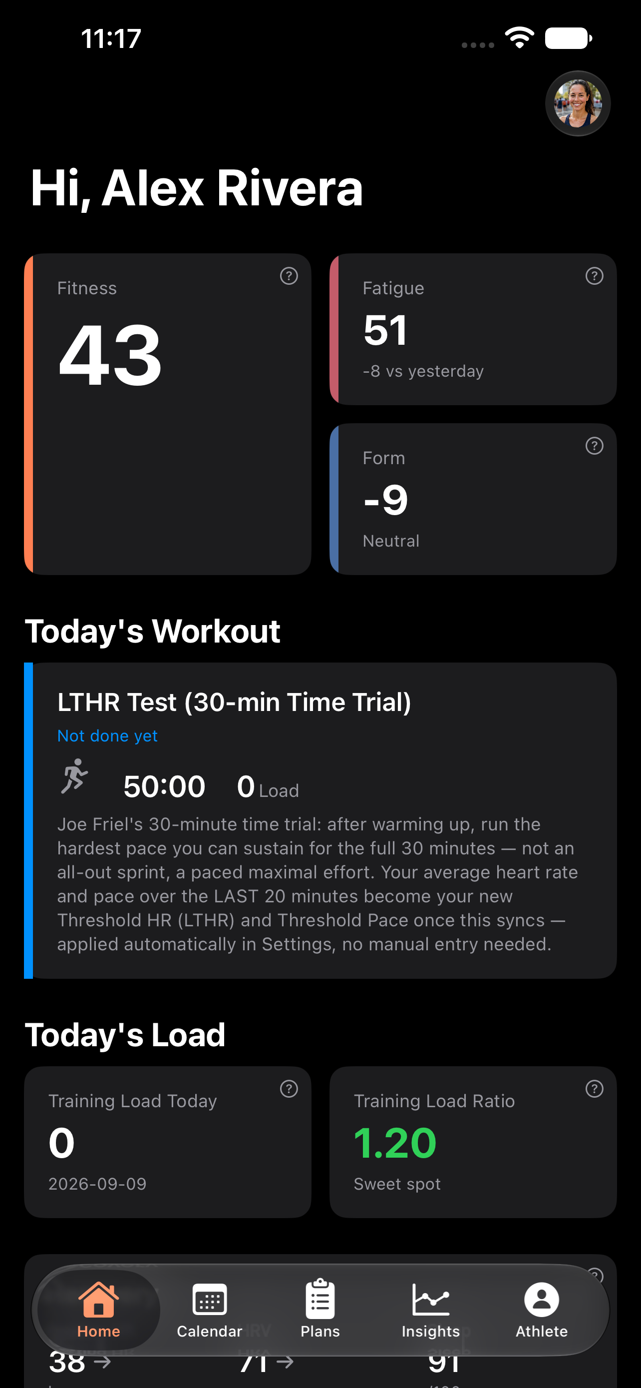 42Runs Home screen in dark mode, showing fitness, fatigue, form, and today's workout