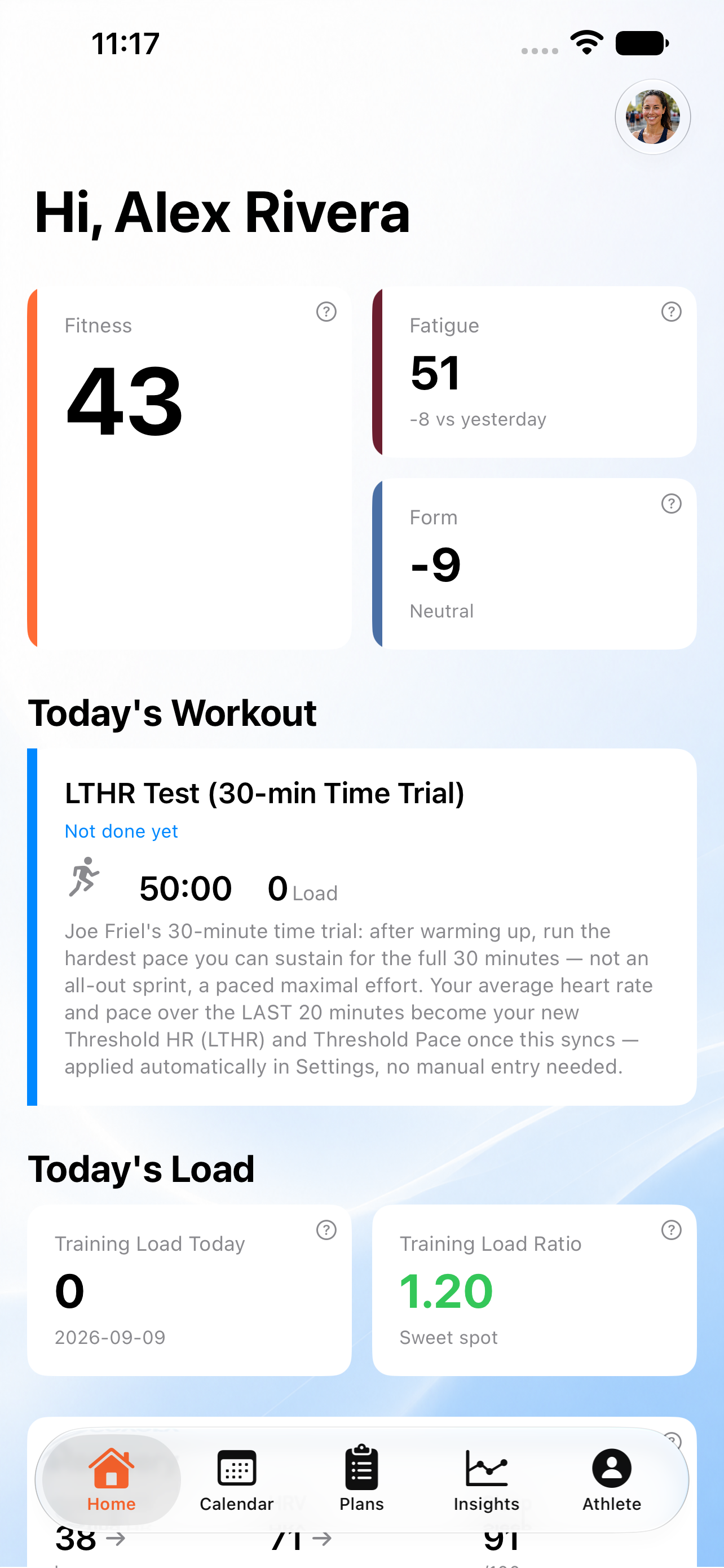 42Runs Home screen showing fitness, fatigue, form, and today's workout