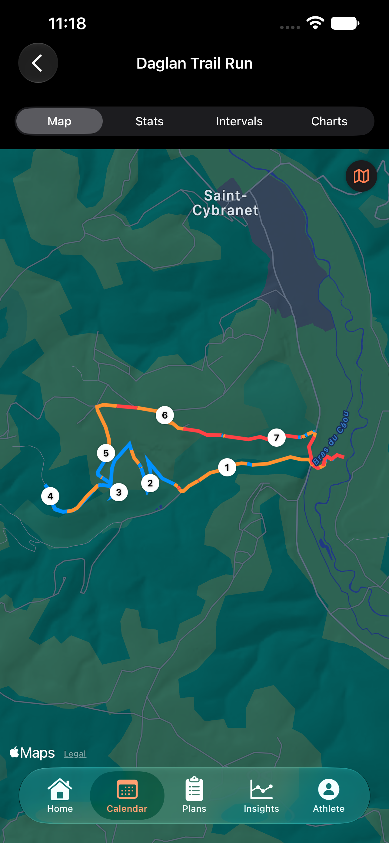 42Runs activity map in dark mode, showing a GPS trail overlay