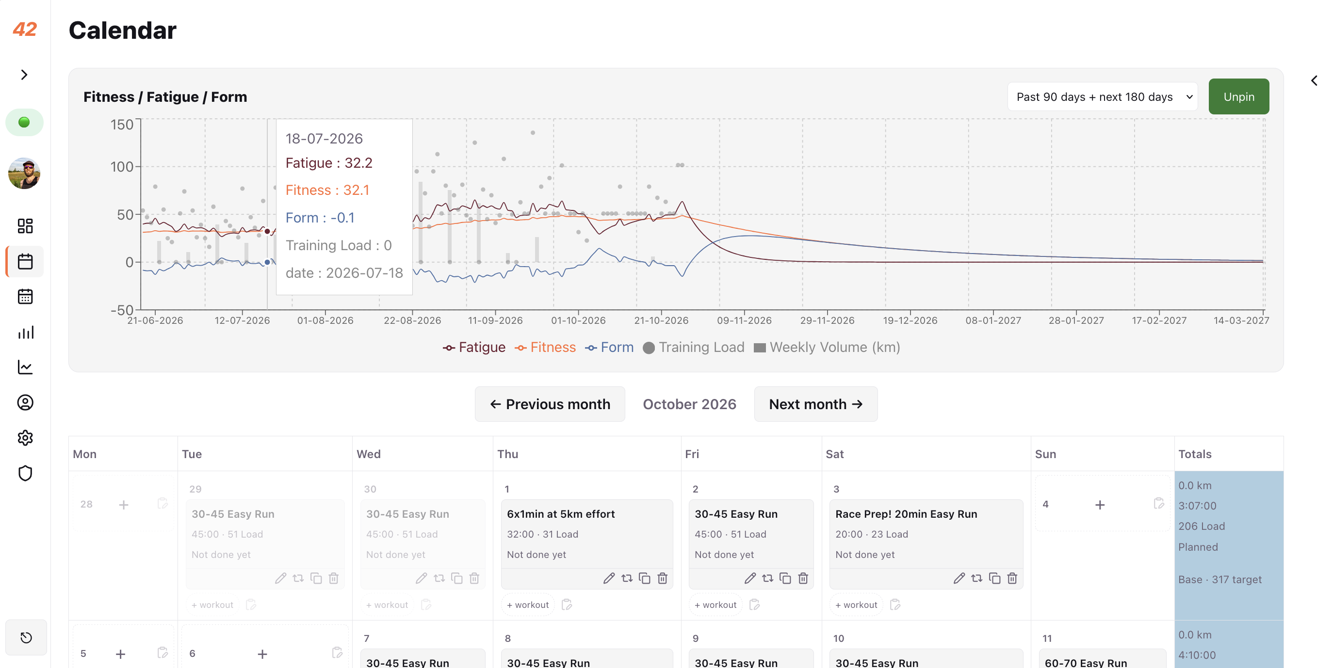 42Endurance web dashboard calendar with planned workouts and weekly load